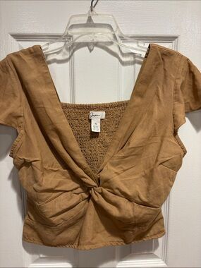 Joey Tan Twist-Front Smocked-Back Crop Top